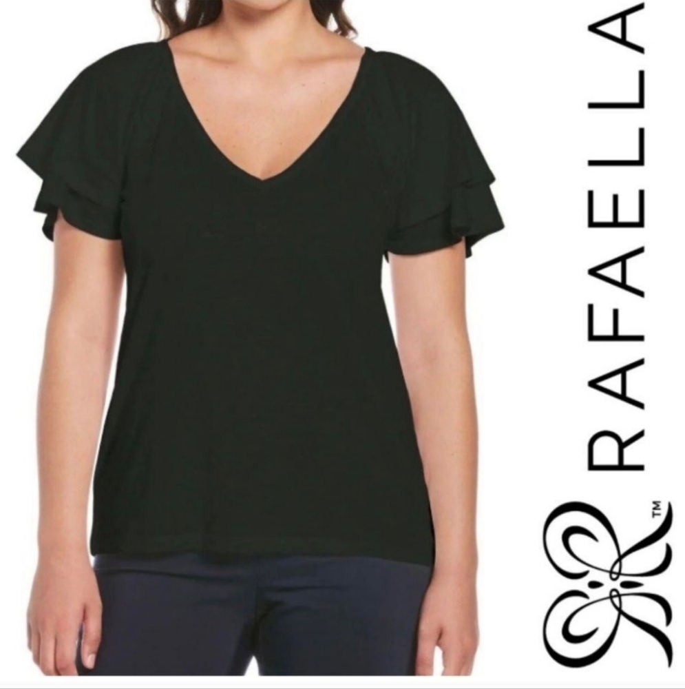RAFAELLA Black Double Flounce-Sleeve V-Neck Tee sz M, L, XXL